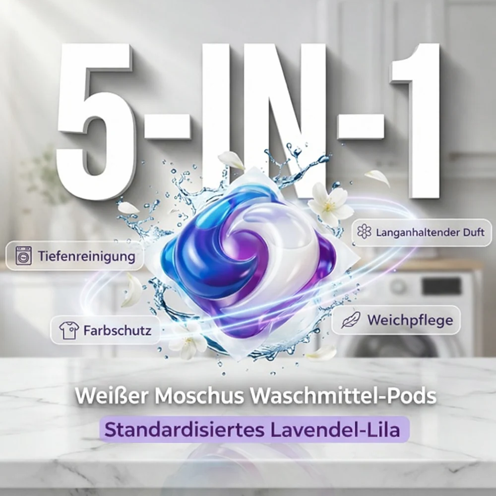 🌸🧺 5-in-1 Waschmittelkapseln mit weißem Moschus – entfernt Flecken & schont Fasern ✨💧 80 Stück, langanhaltend frisch, ideal für Haushalt & Reise.